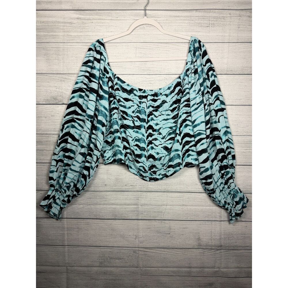 Eloquii Elements Womens 26/28 Aqua Black Animal Print Smocked Crop Top 4759
